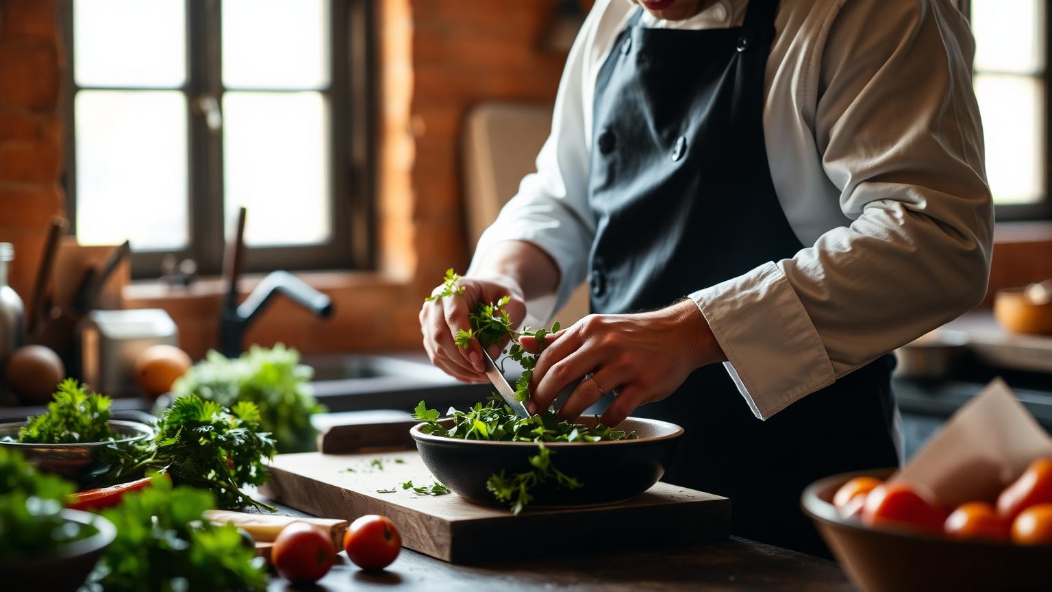 Cuisinier préparant des légumes frais avec passion dans un atelier culinaire