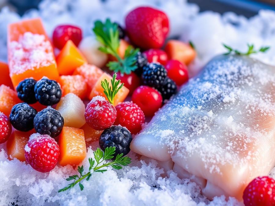 Produits surgelés de qualité conservés en chambre froide chez le grossiste alimentaire Ramaut