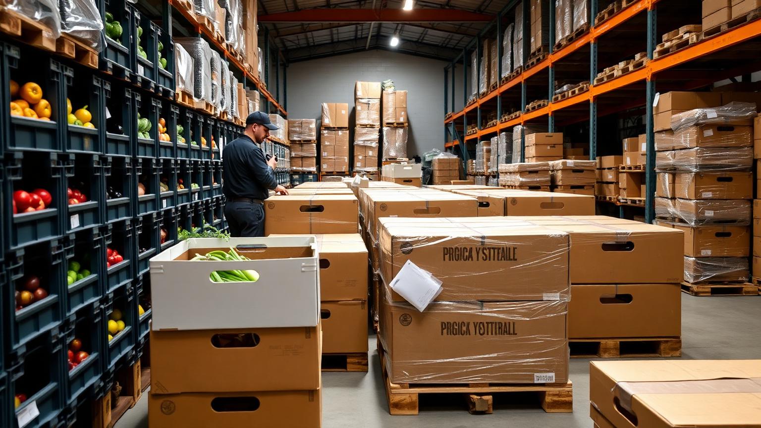 Commandes alimentaires préparées en caisses et cartons dans l'entrepôt Ramaut