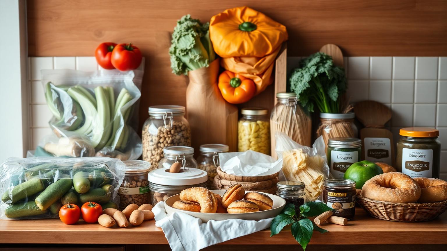 Composition de produits alimentaires frais et gourmands sur un plan de travail en bois